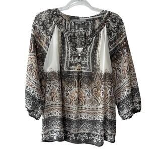 Valerie Stevens Scoop Open Neck Paisley Bracelet Sleeve Boho Top XL Petite